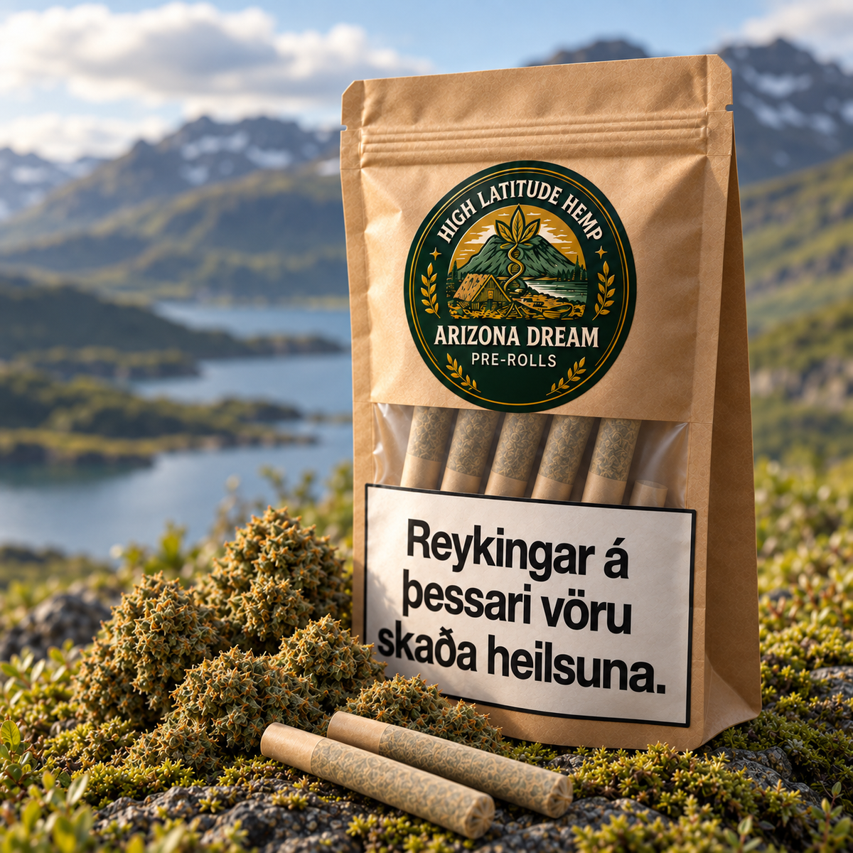 Arizona Dream pre-rolls in an angled kraft window pouch, with two pre-rolls and hemp flower in the foreground against softly blurred Icelandic mountains.