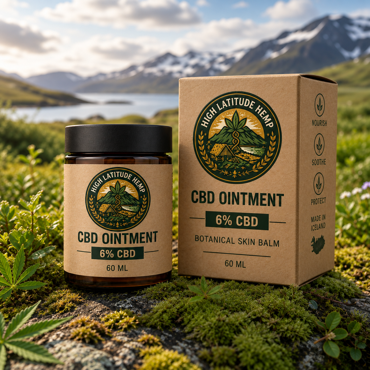 High Latitude Hemp CBD ointment in an amber jar with a kraft label and matching kraft carton, against softly blurred Icelandic mountains.