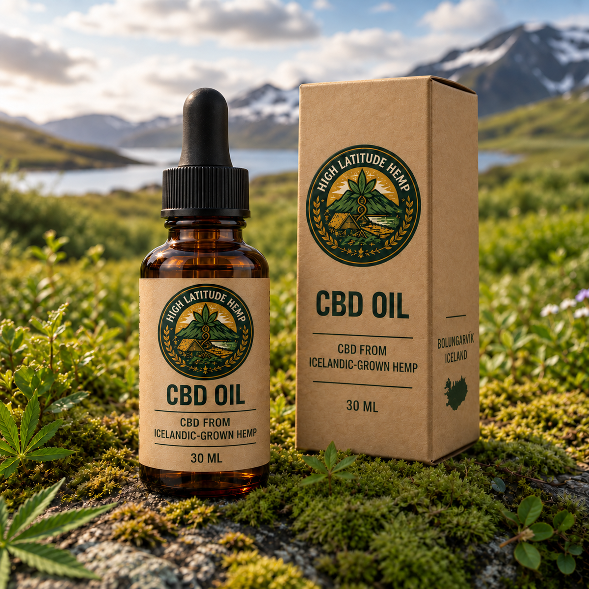 High Latitude Hemp CBD oil in a 30 ml amber dropper bottle with a kraft label and matching angled kraft box, in soft daylight against blurred Icelandic mountains.