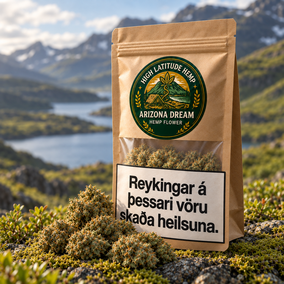 Arizona Dream CBD flower in an angled kraft pouch, with hemp flower in the foreground and softly blurred green Icelandic mountains.