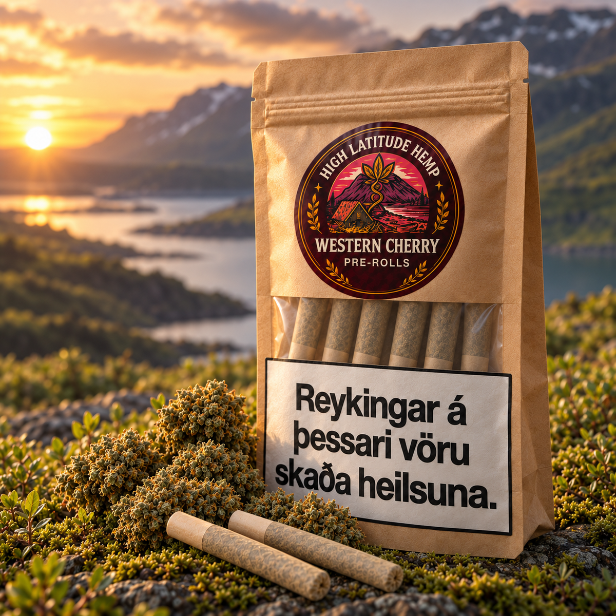 Western Cherry pre-rolls in an angled kraft window pouch, with two pre-rolls and hemp flower in the foreground at an Icelandic sunset.
